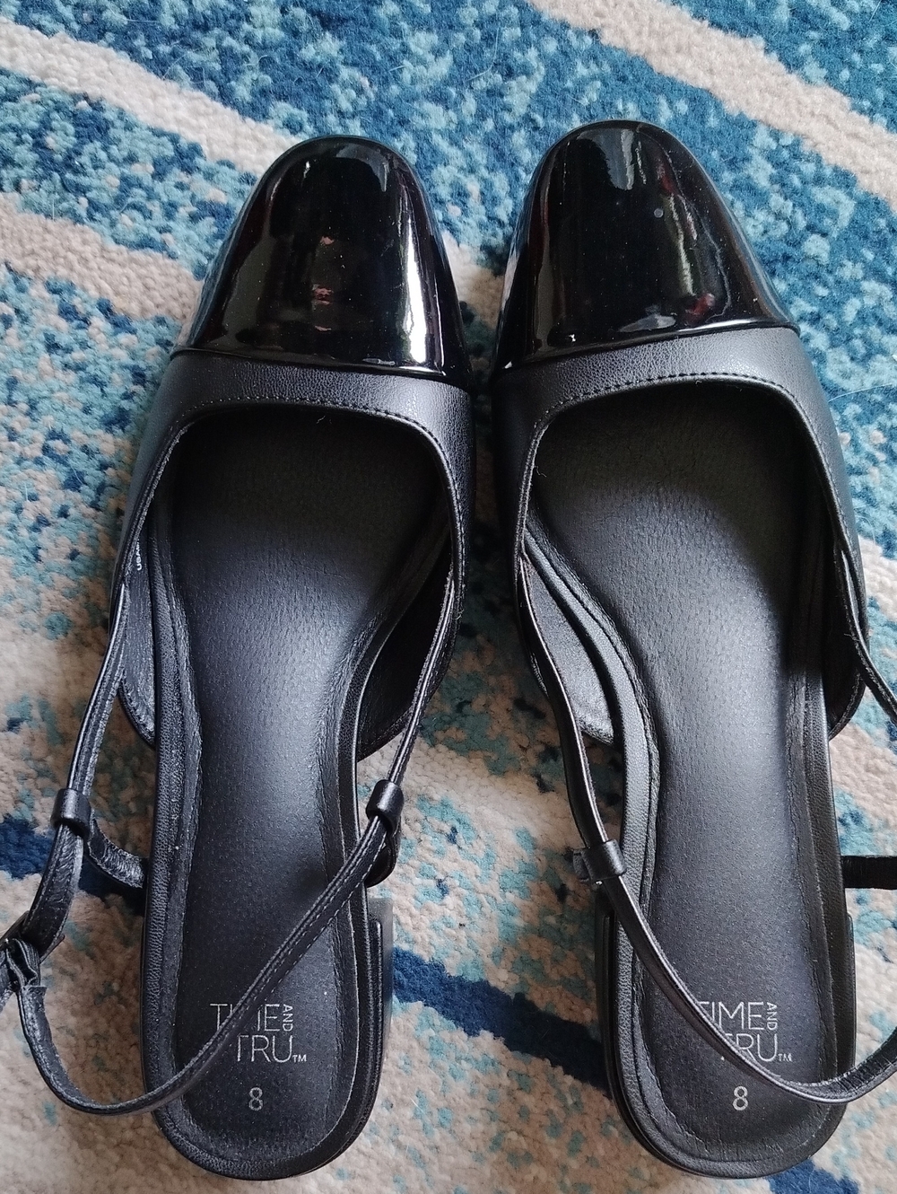 Time and Tru Black Patent Cap-Toe Slingback Flats